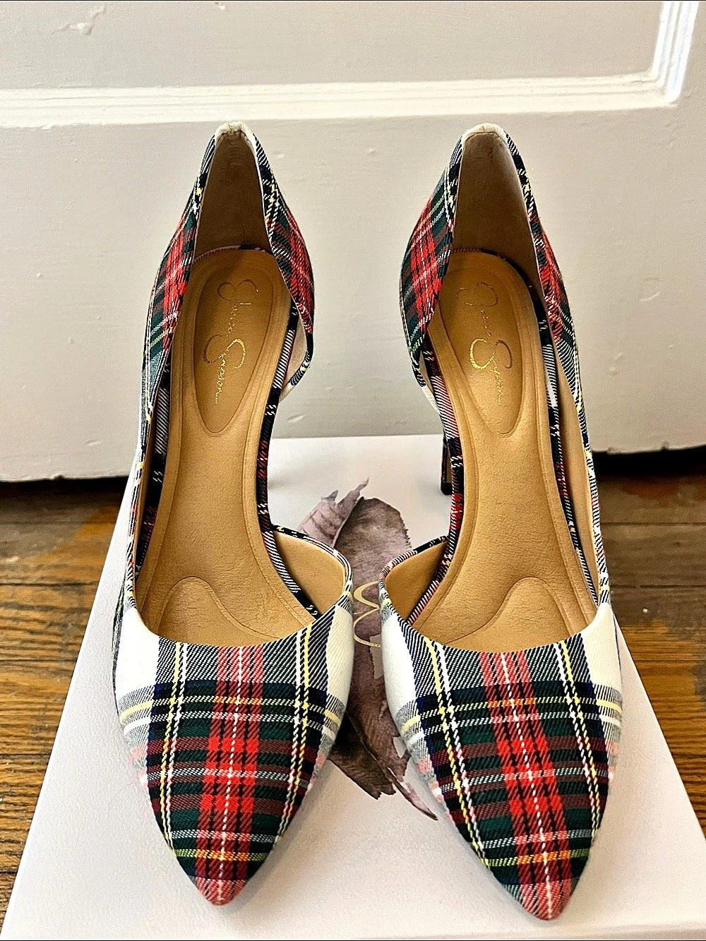 Jessica Simpson Prizma 8 d'Orsay Pump Plaid Pumps White & Red US 7M